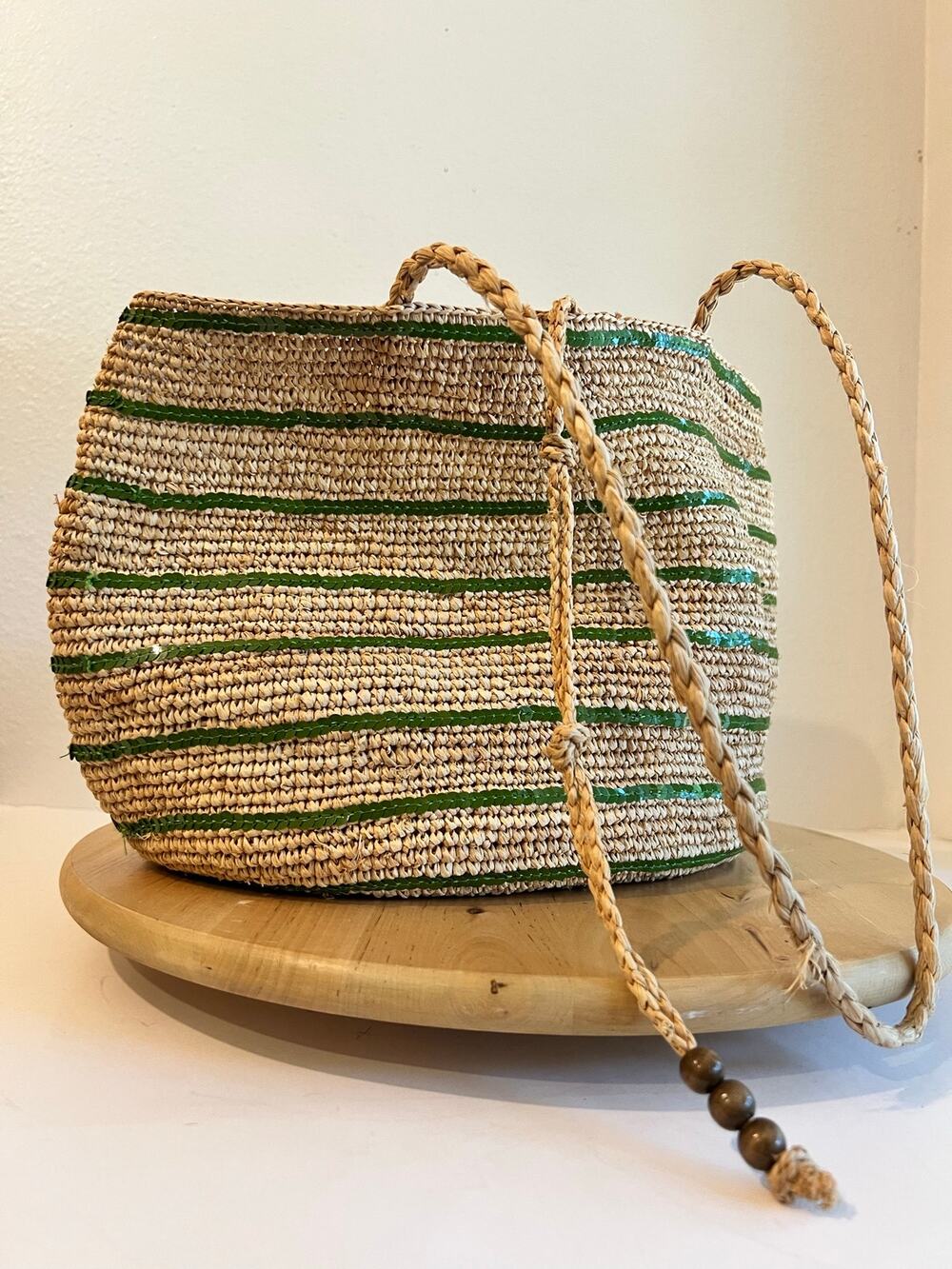J.Crew Natural Fiber Woven Round Shoulder Bag Green Sequin Beaded Bag